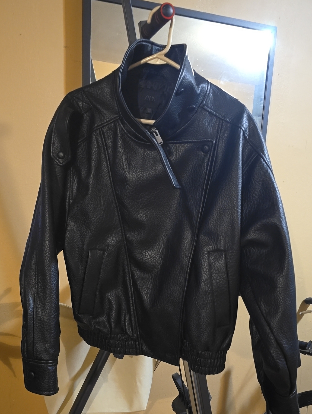Black Faux Leather Bomber Jacket with Stand Collar
